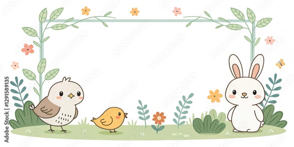 Naklejka premium a cute illustration featuring an adorable bird, a yellow chick, and a lovely rabbit arranged around a blank rectangular frame decorated with leaves and flowers