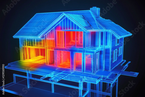 This visualization showcases a house with glowing sections to indicate energy efficiency and detailed architectural design from various angles. Generative AI