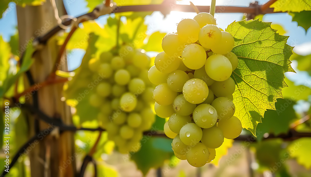 Fototapeta premium Cluster of green grapes on vineyard trellis for International Sauvignon Blanc Day, sunny morning, dew on grapes, blue sky, detailed leaf veins, realistic water drops