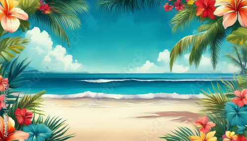 tropical beach scene with floral border and palm trees for design use generative ai