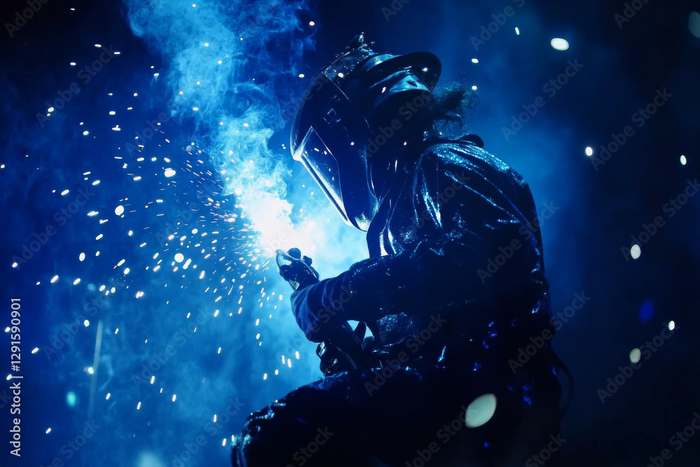 A performer in protective gear skillfully welds in the dark, generating bright sparks that illuminate the surrounding space, captivating the audience. Generative AI A performer in protective gear skillfully welds in the dark, generating bright sparks that illuminate the surrounding space, captivating the audience. Generative AI