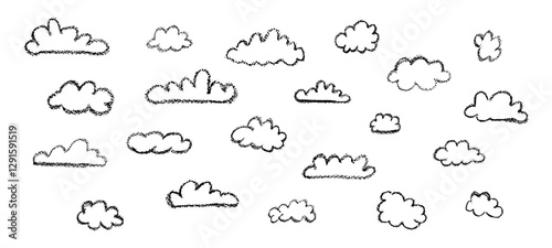 Set of abstract pencil clouds. Hand drawn cartoon cloudy sky. Vector illustration of collection of black stroke eddy on white background. Imitation of a child's drawing with pencils on blackboard