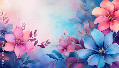 a blue pink floral art background featuring botanical flowers suitable for postcards wallpapers banners prints posters covers greeting cards and invitations copy space