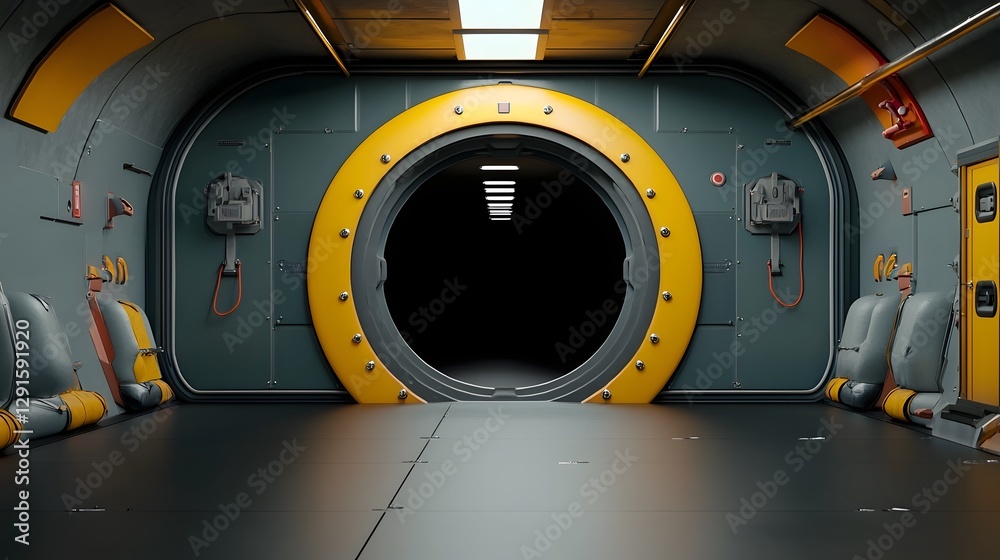 Fototapeta premium Futuristic sci fi space station interior corridor with glowing panels dark central void and minimalist industrial design 3D rendered digital sci fi architecture and technology concept