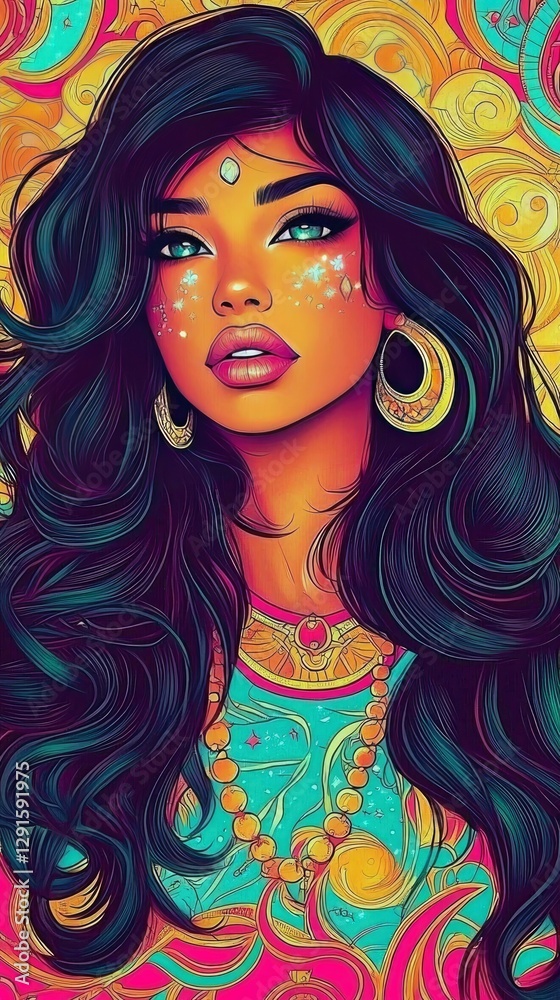 Vibrant Portrait of a Woman with Long Black Hair and Gold Jewelry Vibrant Portrait of a Woman with Long Black Hair and Gold Jewelry