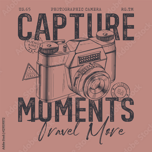 Capture the Moment quote slogan typography with old 90s photo camera illustration for t-shirt design, Retro camera vector illustration, Vintage camera with a motivational phrase, apparel, print, arts