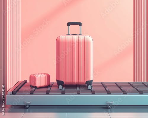 A stylish pink suitcase set on a modern baggage claim carousel, symbolizing adventure and wanderlust.