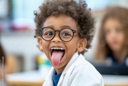 Joyful african child expressing excitement with tongue out in classroom.