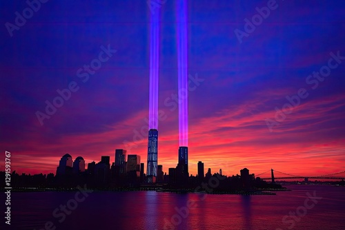 NYC skyline at sunset, memorial beams, remembrance, twilight