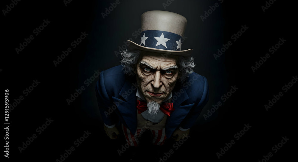 Man in Patriotic Costume Looking Sternly From Below in Dark Setting Man in Patriotic Costume Looking Sternly From Below in Dark Setting