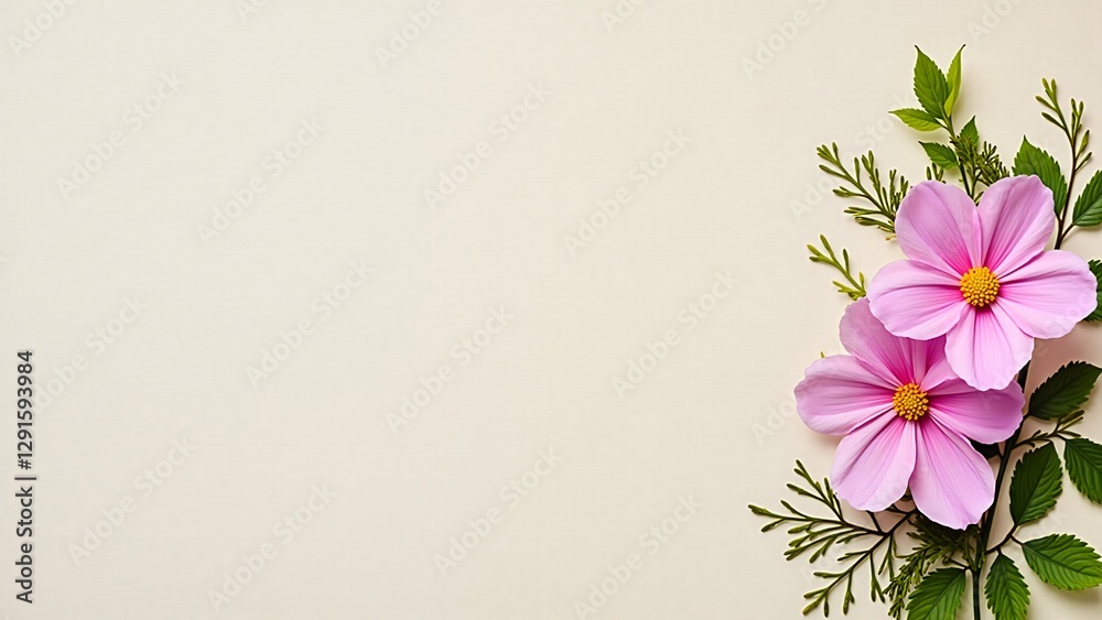 Fototapeta premium Delicate Pink Cosmos Flowers on Beige Background - Floral Design Element