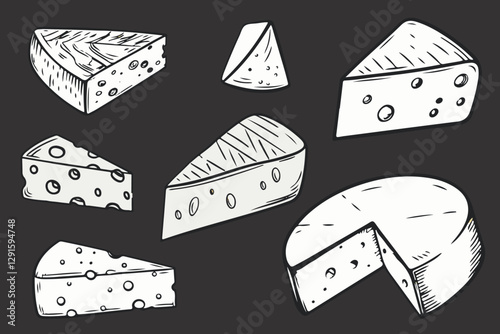 Graphic sketch of various cheeses. The style of a classic vintage hand-drawn ink illustration is isolated against a dark background.