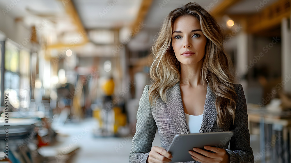 Fototapeta premium Woman in construction site with tablet
