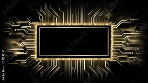 Glowing gold circuit board frame on black background, mockup for design