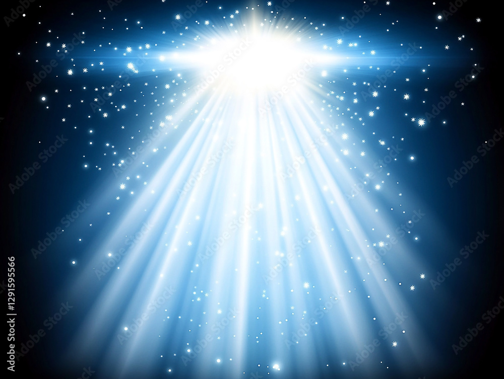 Bright celestial light beams radiating from a central source, illuminating a starry night sky Bright celestial light beams radiating from a central source, illuminating a starry night sky