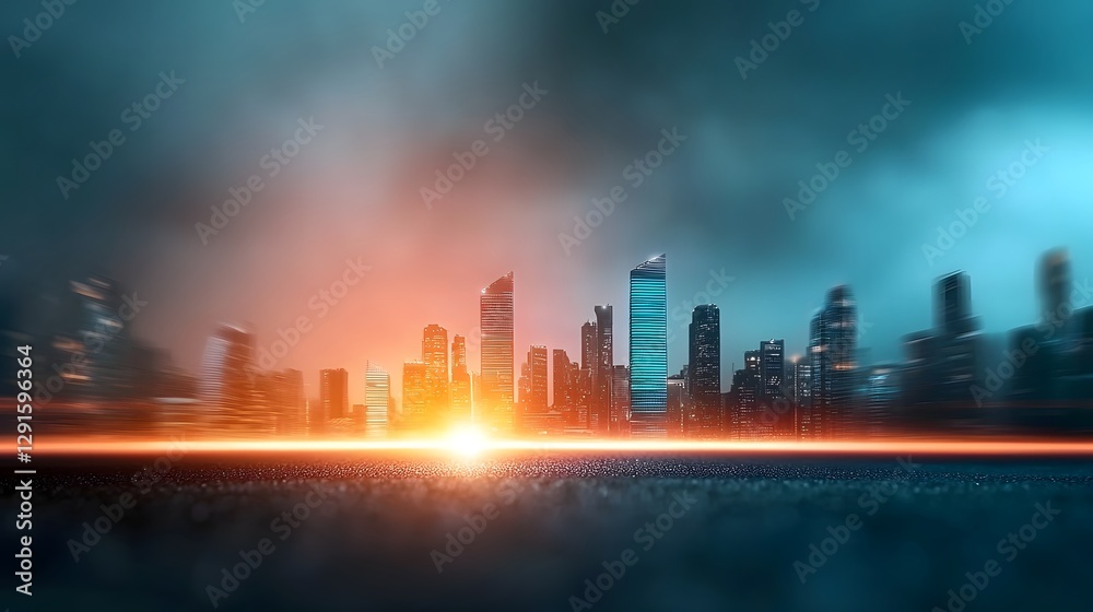Fototapeta premium Glowing futuristic cityscape with neon lit skyscrapers and vibrant chromatic lights in a dynamic urban landscape