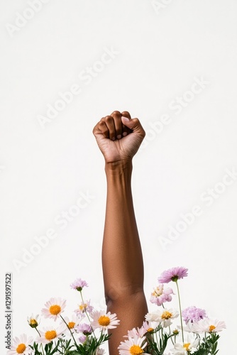 Raised fist emerges from vibrant flowers, symbolizing strength a
