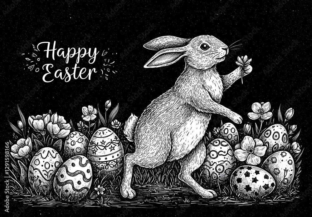 Easter bunny joyful rabbit dancing among decorated Easter eggs and spring flowers, engraved woodcut style, scratch board, vintage black and white illustration, festive holiday sketch
