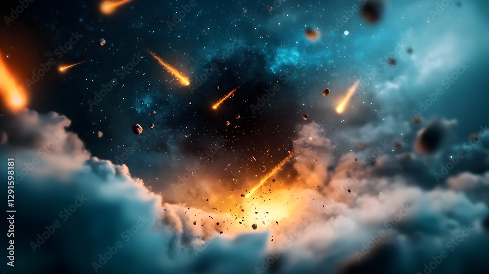 Naklejka premium Glowing meteor showers brilliantly illuminating the dark mysterious void of interstellar space in a fantastical celestial display Dramatic cosmic event with fiery