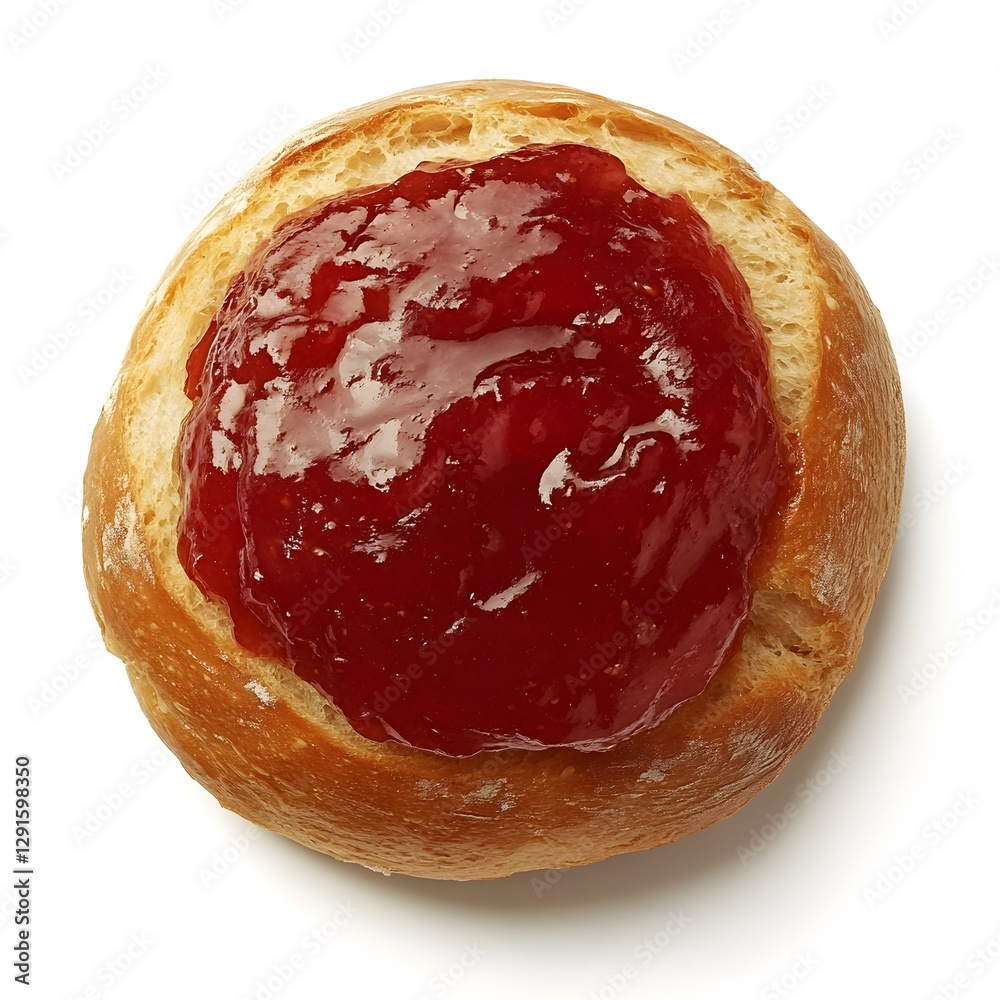 Obraz premium Freshly Baked Bread Roll with Sweet Berry Jam on White Background