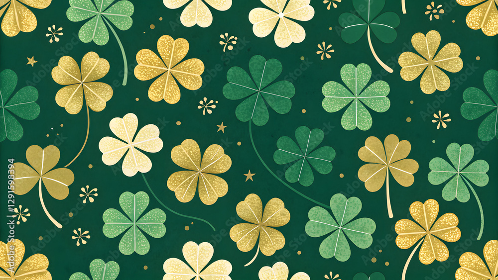 A repeating pattern of green and gold shamrocks, St. Patrick's Day A repeating pattern of green and gold shamrocks, St. Patrick's Day