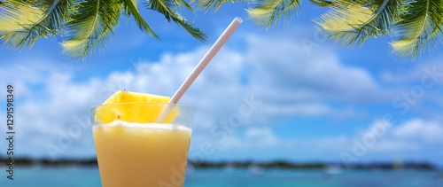 Travel background with drinks Bocal on Caribbean beach.