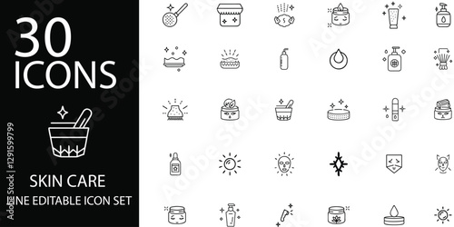 Skin Care Icon Set for Beauty, Moisturizers, Facial Treatments, and Cosmetics.