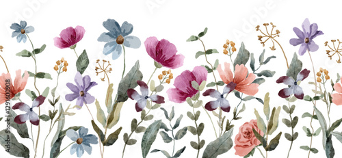 floral garden watercolor seamless border