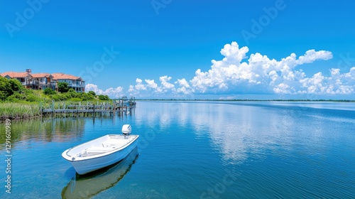 Calm coastal scene boat, house, summer sky