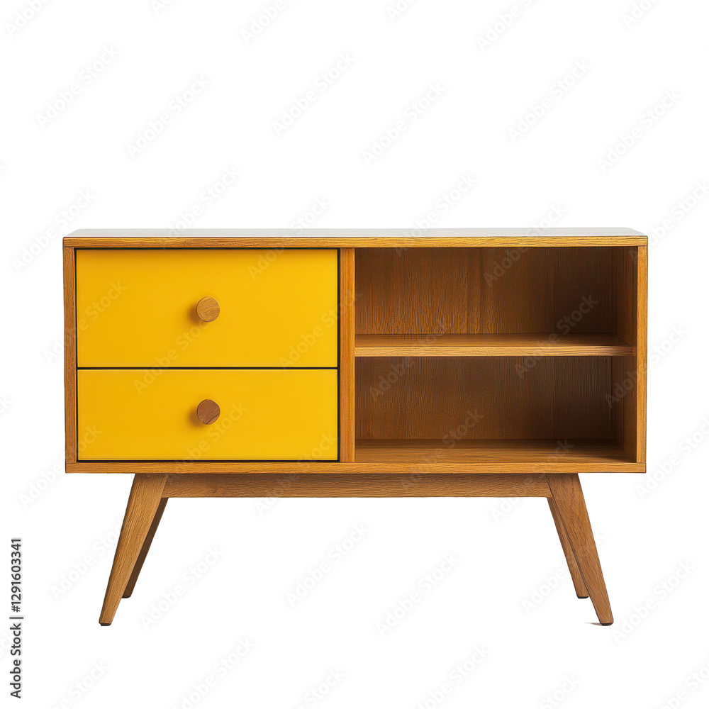 Mid Century Modern Wooden Cabinet Yellow Drawers Open Shelf,, isolated on transparent background Mid Century Modern Wooden Cabinet Yellow Drawers Open Shelf,, isolated on transparent background