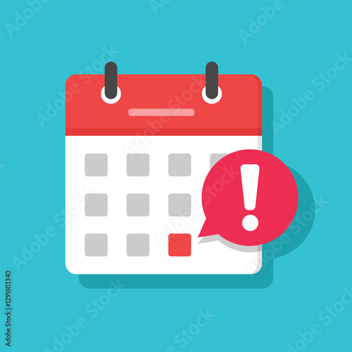 Calendar deadline notice or event reminder notification icon, flat vector of calendar with alert for scheduling, event planning, important day, agenda symbol note, and notice message Isolated image.