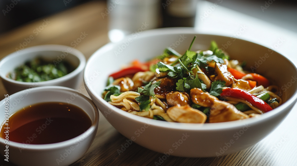 Delicious chicken noodles stir fry with peppers and cilantro garnish soy eat food meal bowl asian Delicious chicken noodles stir fry with peppers and cilantro garnish soy eat food meal bowl asian