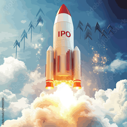 Business Rocket Launching with IPO Symbolizing Business Growth, Initial Public Offering (IPO)