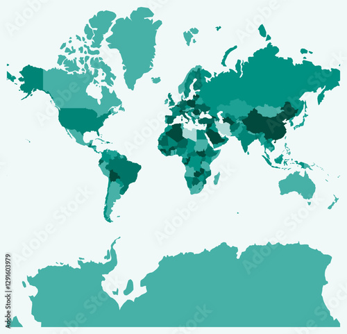 Map of World. Just a simple border map with country division. Teal color palette. Plain map with administrative division. Vector illustration.