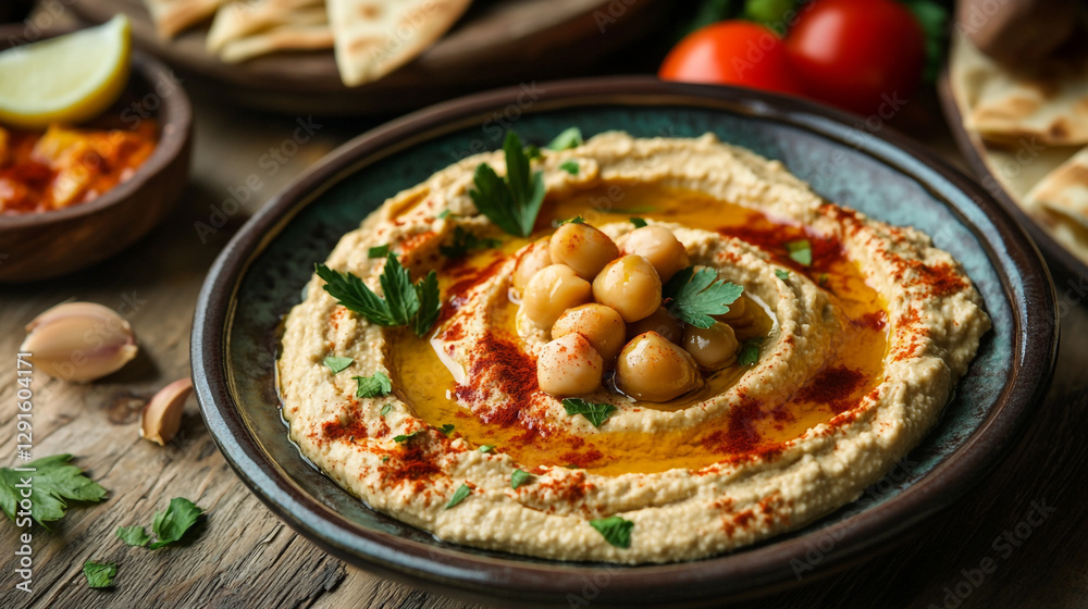 Delicious creamy hummus with chickpeas parsley and paprika dip food meal bowl tasty vegan snack plate Delicious creamy hummus with chickpeas parsley and paprika dip food meal bowl tasty vegan snack plate