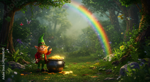 A leprechaun holding a pot of gold at the end of a rainbow in a magical forest, St. Patrick's Day