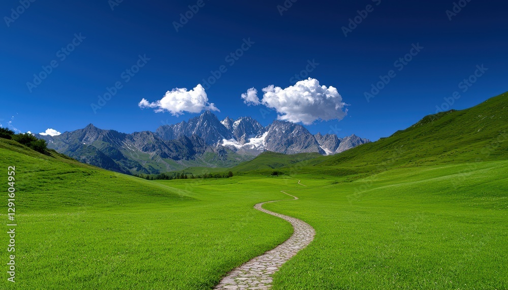 Obraz premium A serene pathway winding through vibrant green fields with majestic mountains in the background.