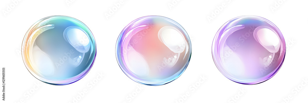 Set of Three Iridescent Soap Bubbles with Colorful Reflections on transparent background Set of Three Iridescent Soap Bubbles with Colorful Reflections on transparent background