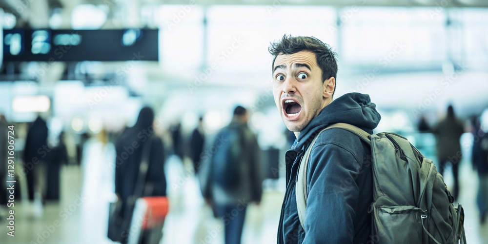 American man expresses shock in busy airport terminal. Generative AI American man expresses shock in busy airport terminal. Generative AI