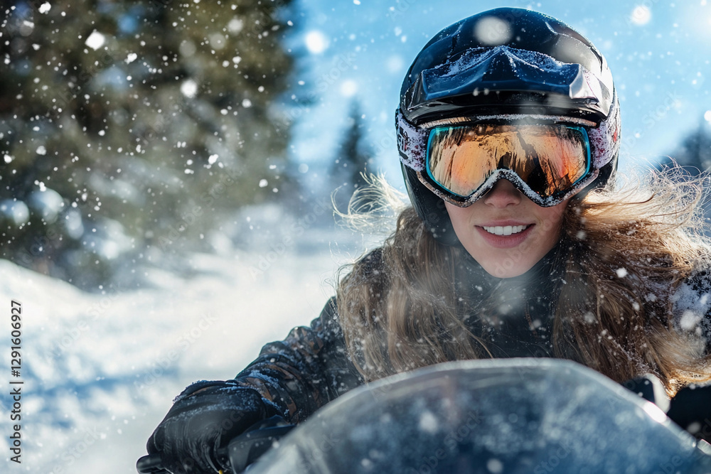 Beautiful young woman enjoys snowmobiling on a winter day. Generative AI Beautiful young woman enjoys snowmobiling on a winter day. Generative AI