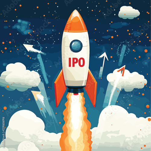Business Rocket Launching with IPO Symbolizing Business Growth, Initial Public Offering (IPO)