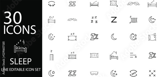 Sleep Icon Set for Rest, Bedtime, Pillows, Dreams, and Sleep Masks.