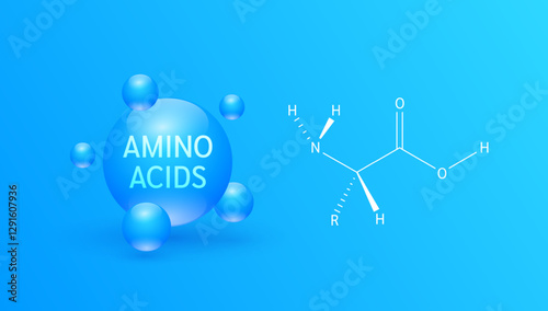 Essential amino acids complex on blue background with structure of a typical in the neutral form. Minerals vitamins nutrients supplement for the body and muscles. Banner vector.