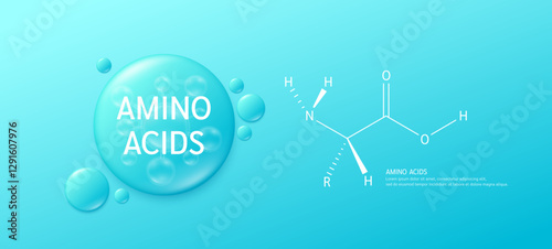 Essential amino acids complex on blue background with structure of a typical in the neutral form. Minerals vitamins nutrients supplement for the body and muscles. Banner vector.