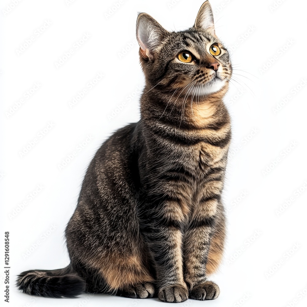 Obraz premium Tabby cat sitting on a white background looking up with big yellow eyes, representing curiosity and pet ownership. Great for animal shelters and pet care.
