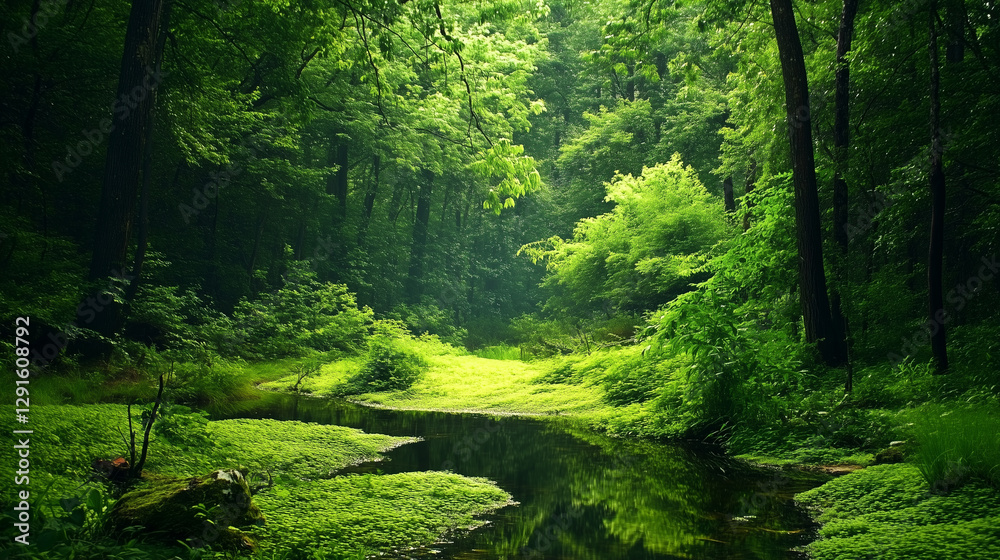 Obraz premium Tranquil Forest Stream Amidst Lush Greenery
