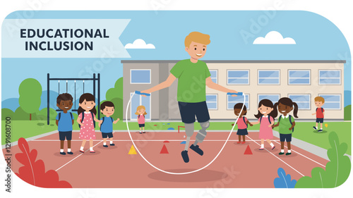 Educational inclusion with Caucasian boy using prosthetic legs jumping rope during school break. Colorful flat design illustration