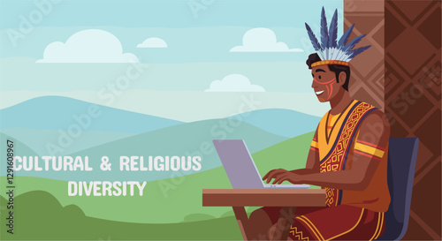 Indigenous man using traditional costume while working on laptop. Minimalist flat style. Cultural and Religious diversity