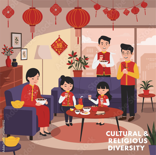 Chinese family celebrating new lunar year. Colorful cartoon. Cultural and religious diversity