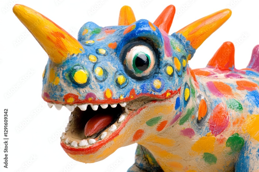 Obraz premium A colorful dinosaur with its mouth open, paint splattered on its face and body, against a white background